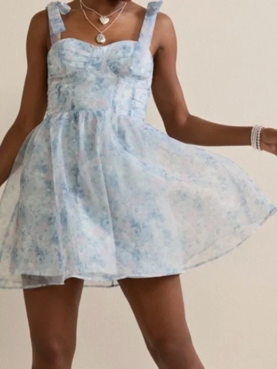 Francesca’s NWT Light Blue Tie-Shoulder Floral Mini Dress XL - Picture 2 of 9